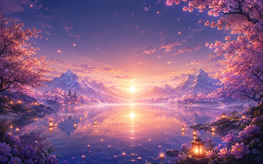 A luminous cherry blossom lake at sunrise