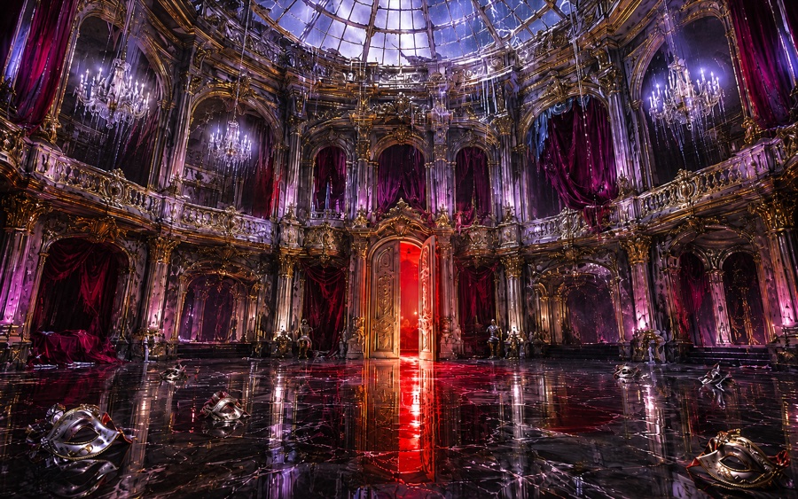 A red-lit doorway inside a dark gothic opera hall