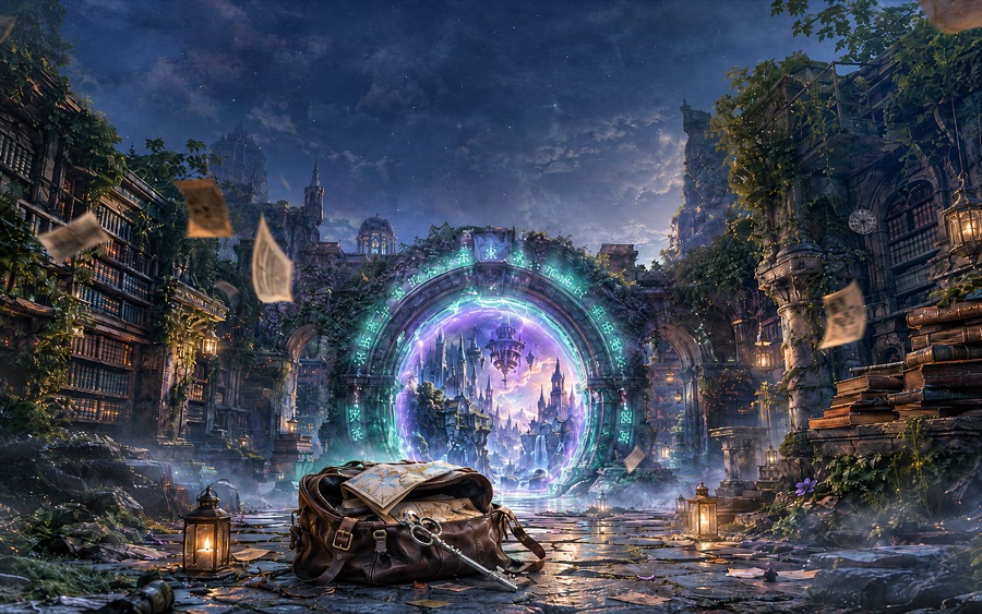 A glowing magical portal in an ancient library courtyard