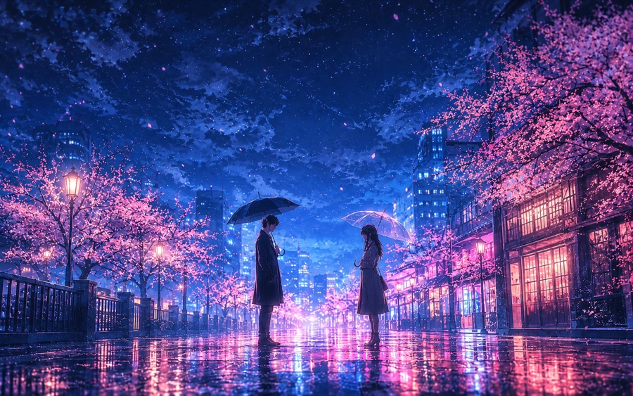 Two silhouettes under umbrellas on a neon cherry blossom street